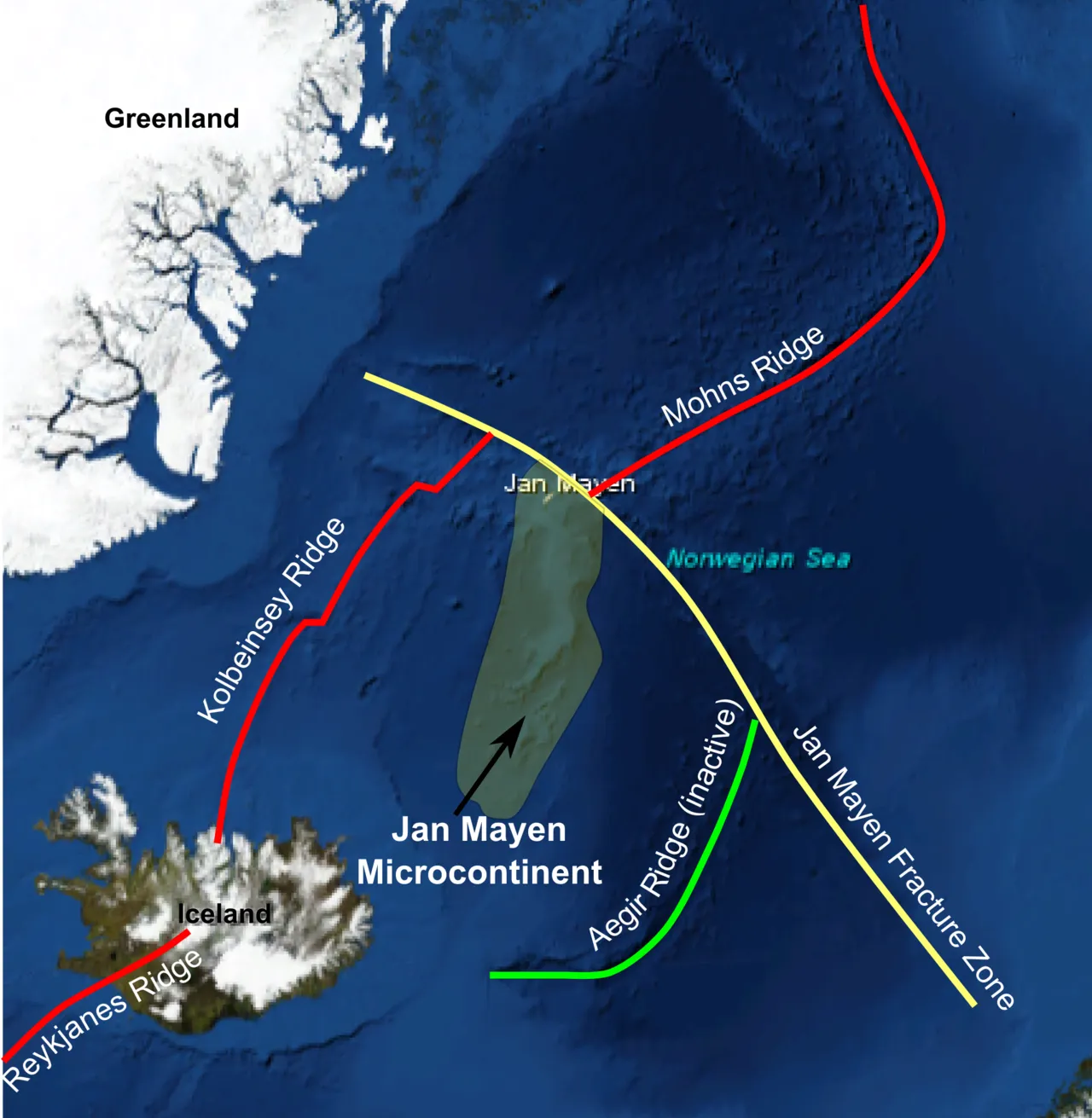 Kaart van de Jan Mayen-microcontinent en -rug, met plaatgrenzen, ten noorden van IJsland.