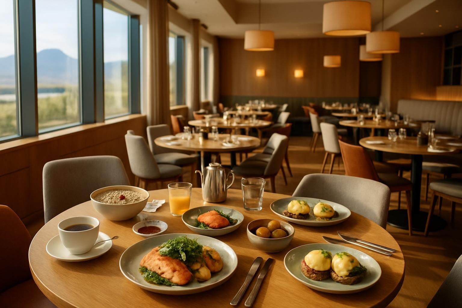 Een gedekte tafel in een modern hotelrestaurant met IJslandse gerechten