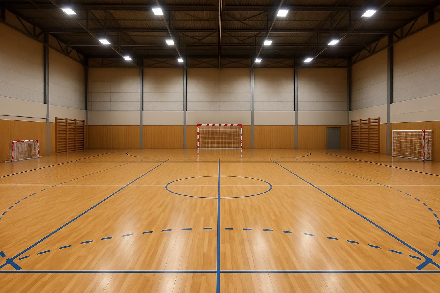 Een lege handbalhal met een houten vloer en doelen aan beide kanten